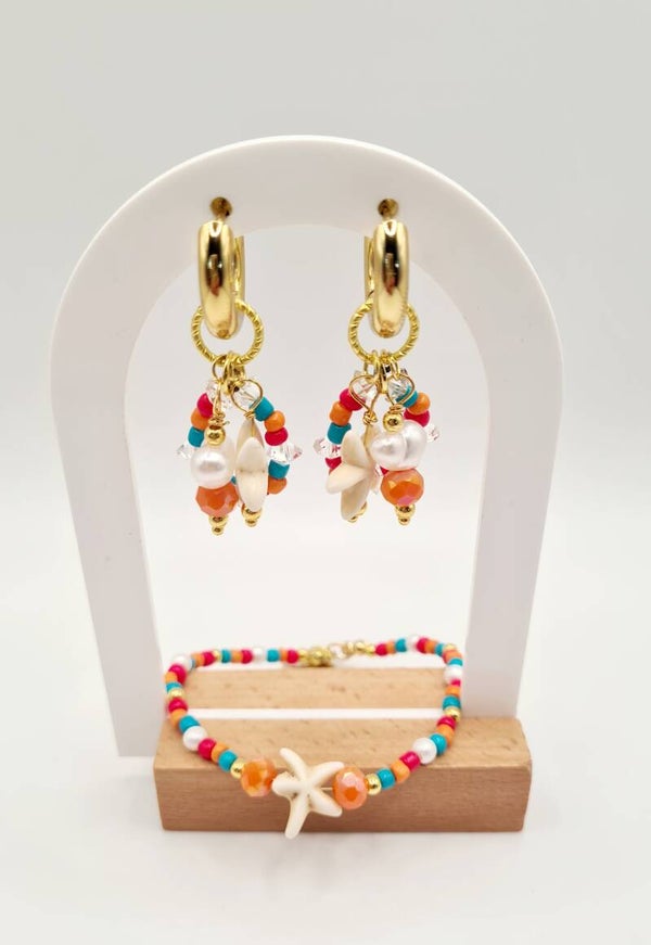 Zomer beach oorbellen/armband met parel en zeester multicolor