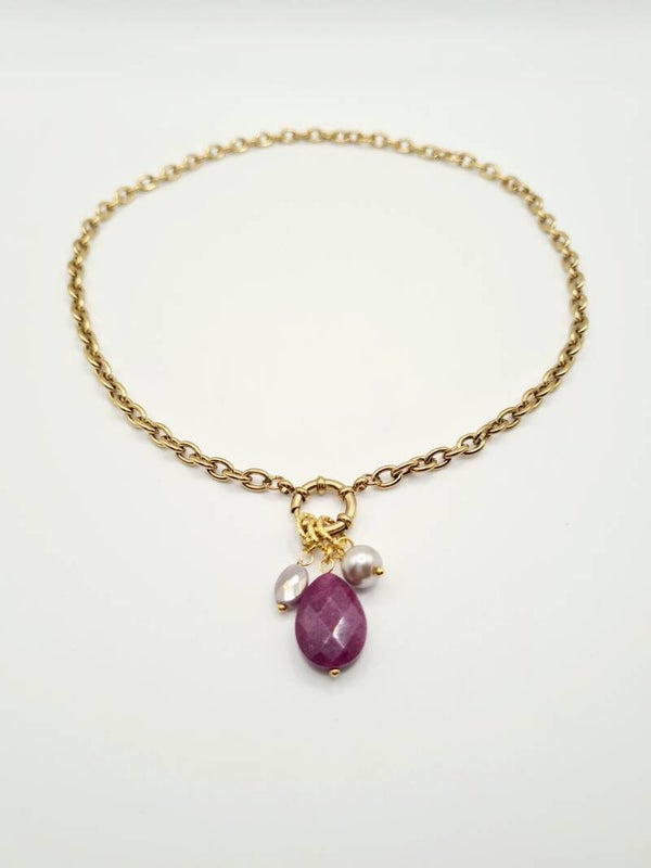 Gold stainless steel magenta ketting met verwisselbare bedels
