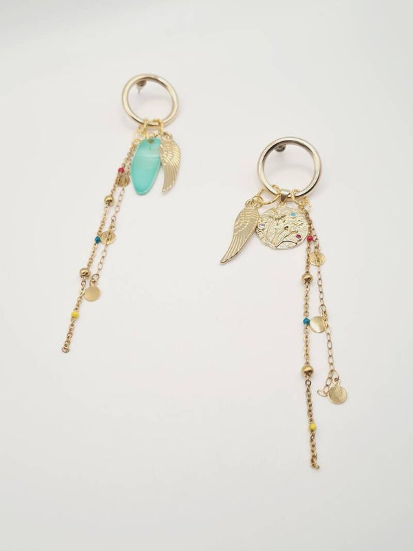 Festival lange oorbel A-symetrisch goud aqua