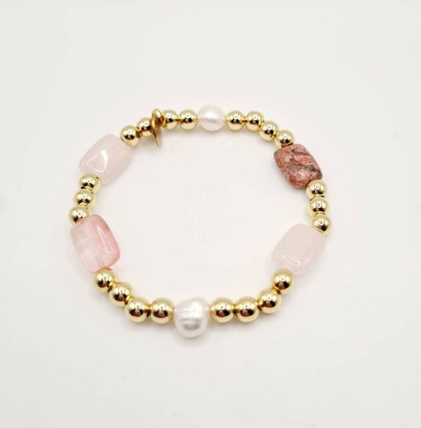 Gold filled 18k armband 6mm met diverse kleuren natuursteen en zoetwaterparels.