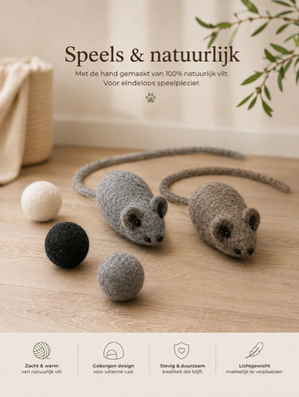 Natuurlijke katten speelgoedset, kattenmuizenspeelgoed met 3 wollen ballen