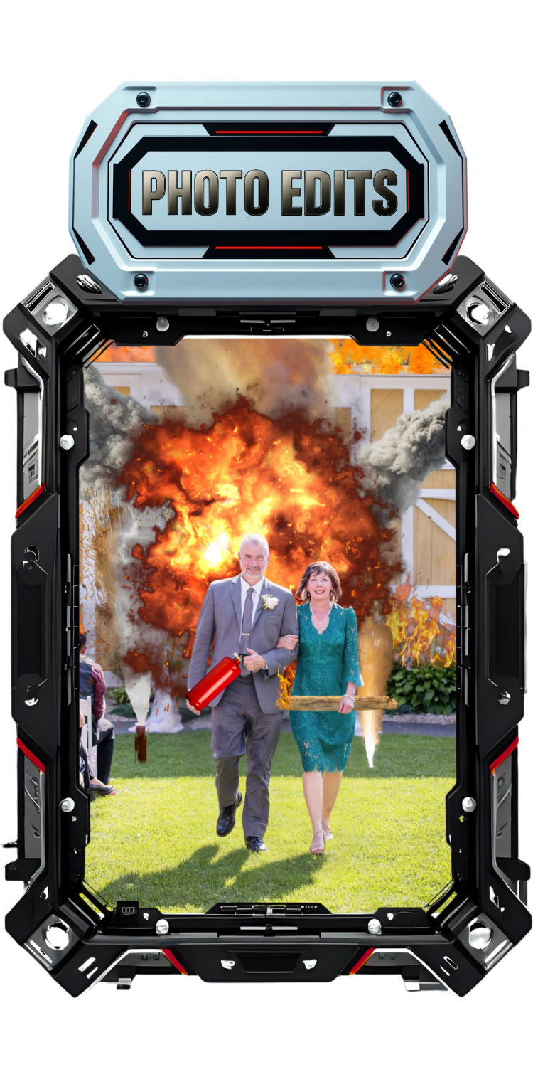 A man in a tailored gray suit holding a fire extinguisher walks alongside a woman in a flowing green dress carrying a wooden plank, both moving confidently in front of a dramatic explosion with billowing flames and smoke. The scene is set against a yellow