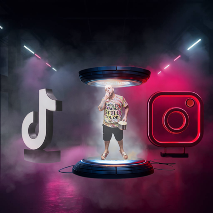 Man wearing “Broken Crayons Still Color” shirt holding popcorn stands on a holographic platform between TikTok and Instagram logos in a neon-lit, smoky, futuristic teleportation scene.