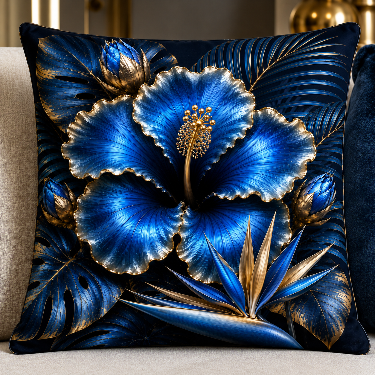luxe sierkussen met een botanisch bloemenontwerp in koningsblauw, zwart, wit en goud.