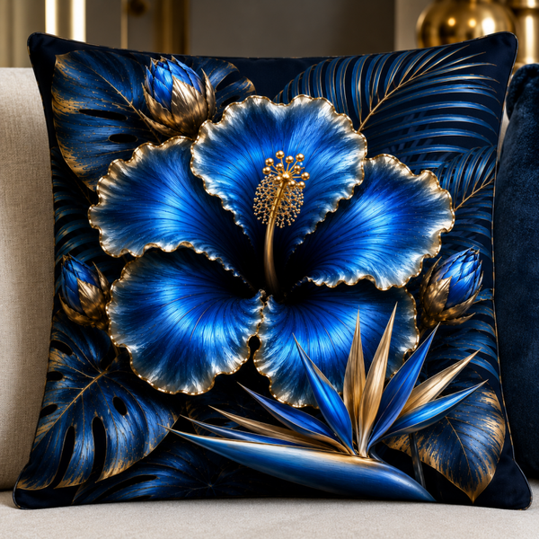 luxe sierkussen met een botanisch bloemenontwerp in koningsblauw, zwart, wit en goud.