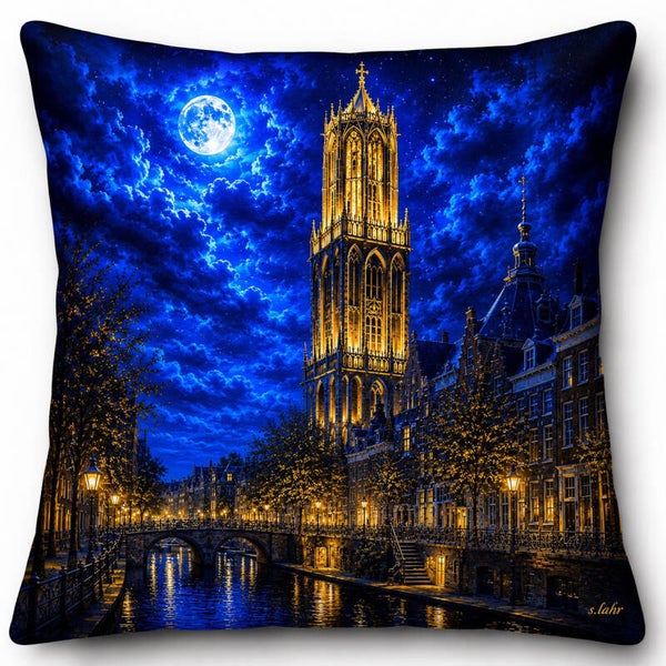 🌙 Luxe Utrecht Domtoren Kussen – Nachteditie