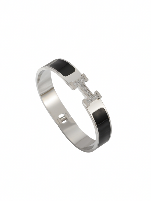 Bangle H zwart met strass zilver