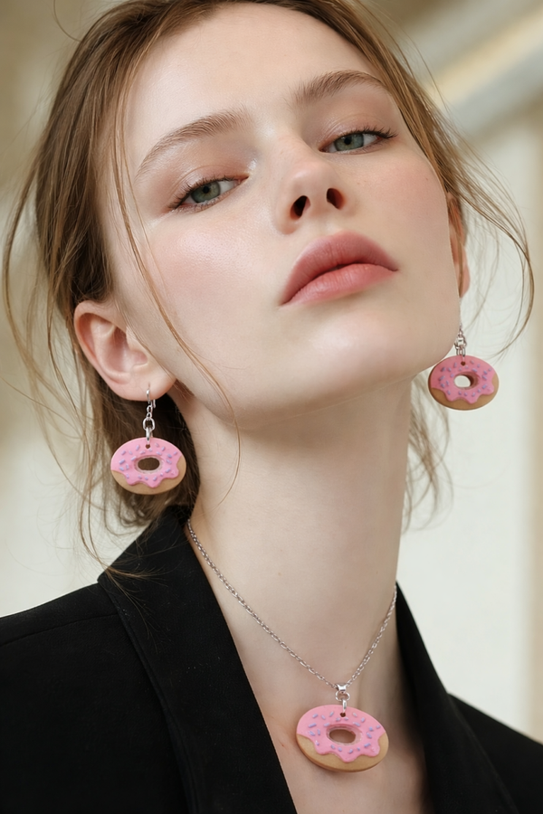 Donut set  Roze oorringen plus ketting met hanger