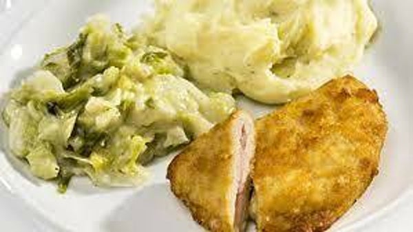 gep. cordonbleu, vleesjus, spitskool met ananas, puree met kervel