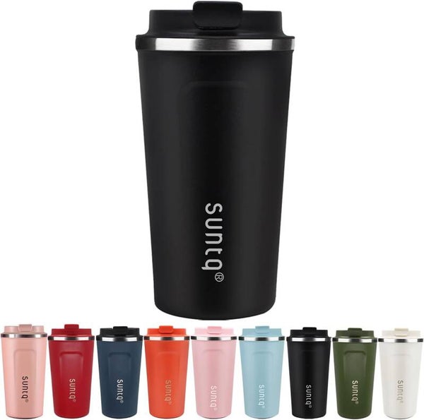 SUNTQ Koffiemok om mee te nemen, van roestvrij staal, thermobeker, dubbelwandig geïsoleerd, koffiemok met lekvrij deksel, herbruikbaar, zwart, 510 ml