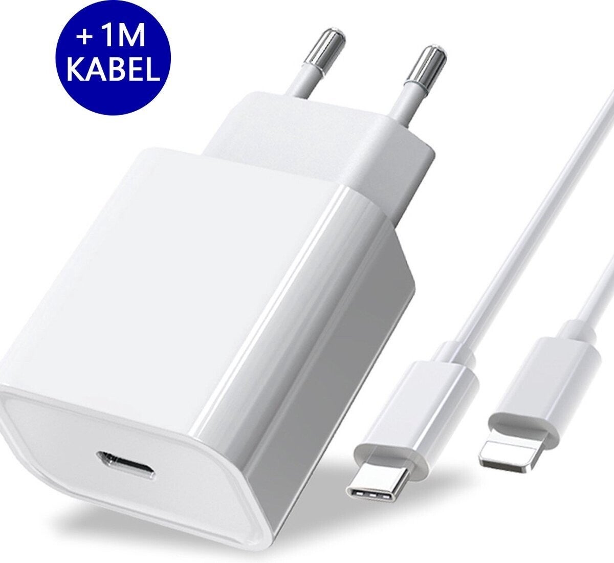 Snellader iPhone met 1m kabel - 20W oplader inclusief Oplaadkabel van 1 meter - USB-C naar lightning (iPhone) kabel 1m - 20W snellader USB-C