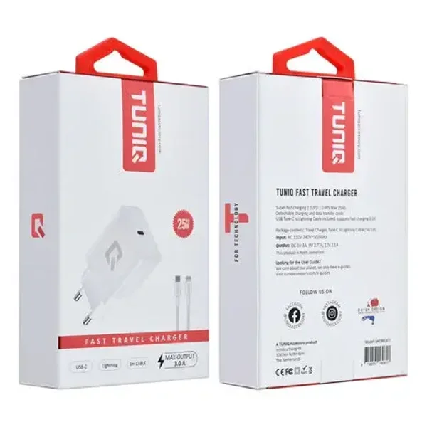 TUNIQ Snellader PD 25W Adapter - met Lightning naar Type-C Kabel - Wit