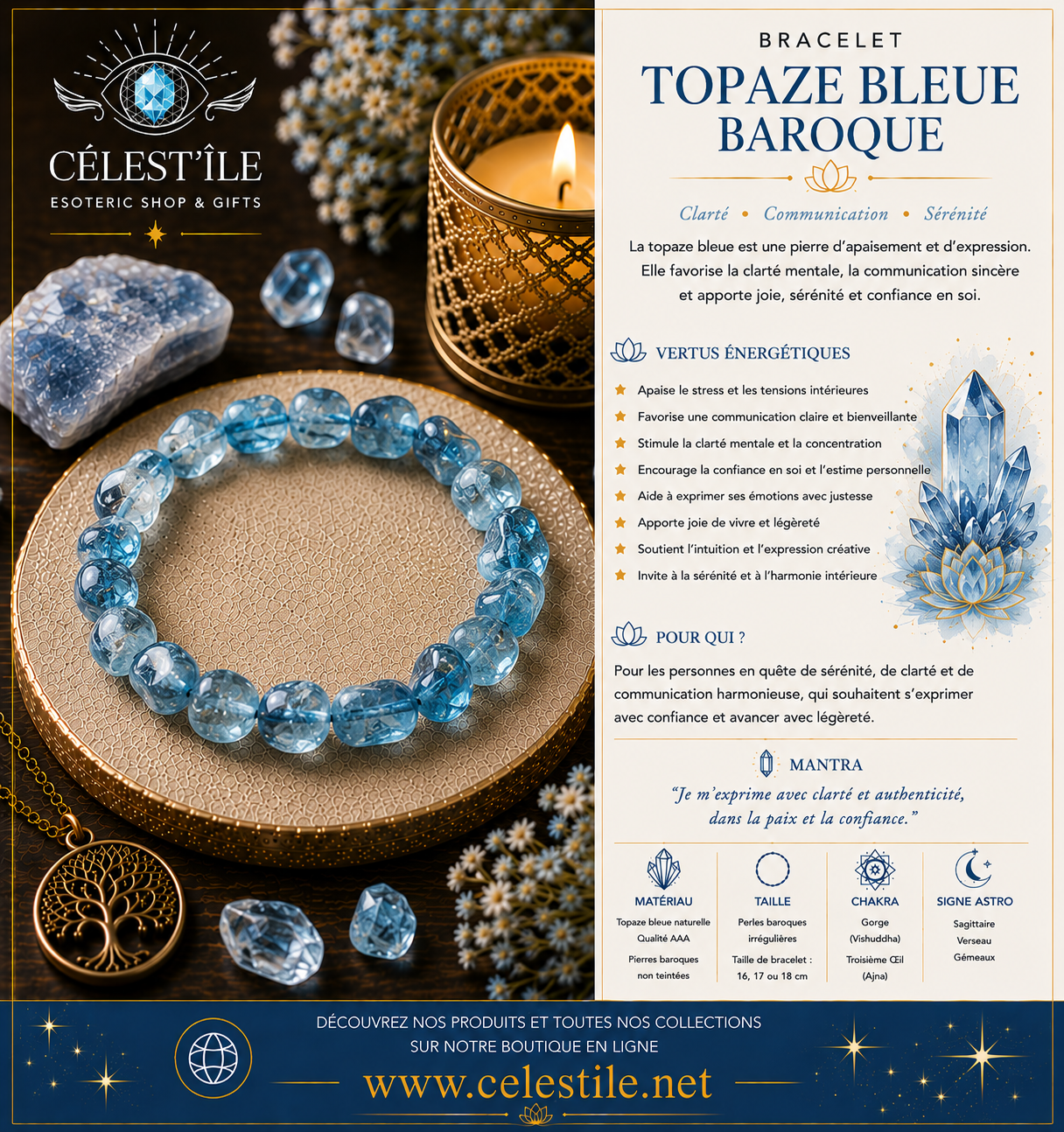 bracelet topaze bleue baroque 4-6mm