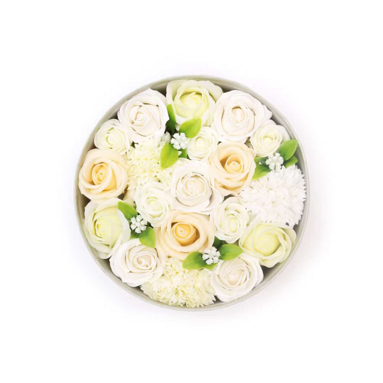 Boîte Ronde de Fleurs de Bain – Bénédictions de Mariage Blanc & Ivoire