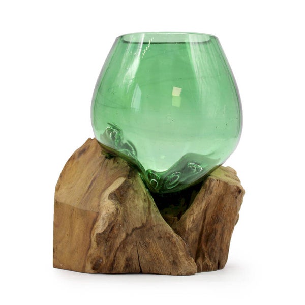 récipients verre recyclé et socle en bois