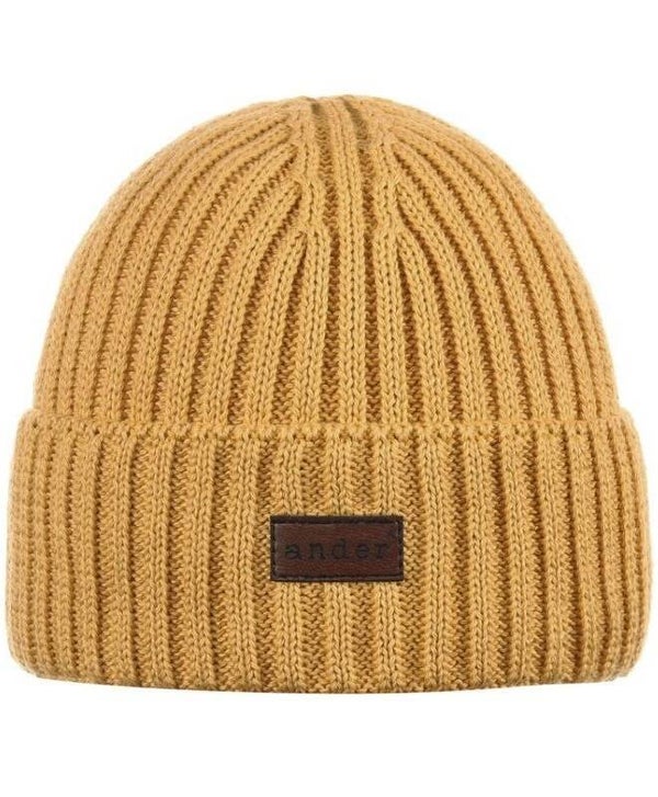 19660 BK ANDER kinder beanie muts Achille met omslag en logo in okergeel 3-6 jaar
