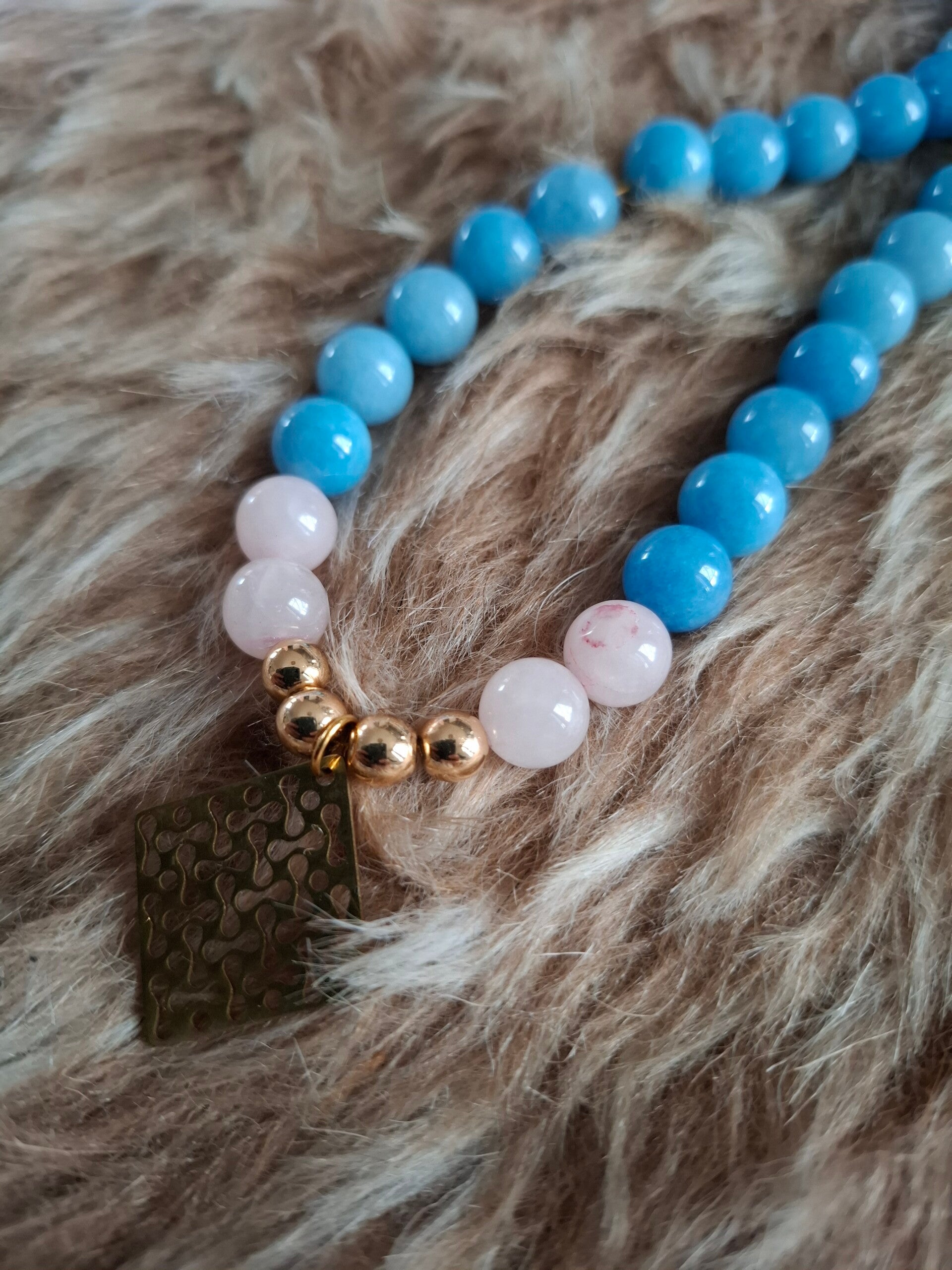 Statement ketting aquamarijn en rozenkwarts