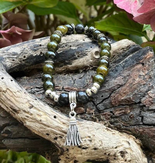 Ceramic Beads Elastic Bracelet With Tassel Charm