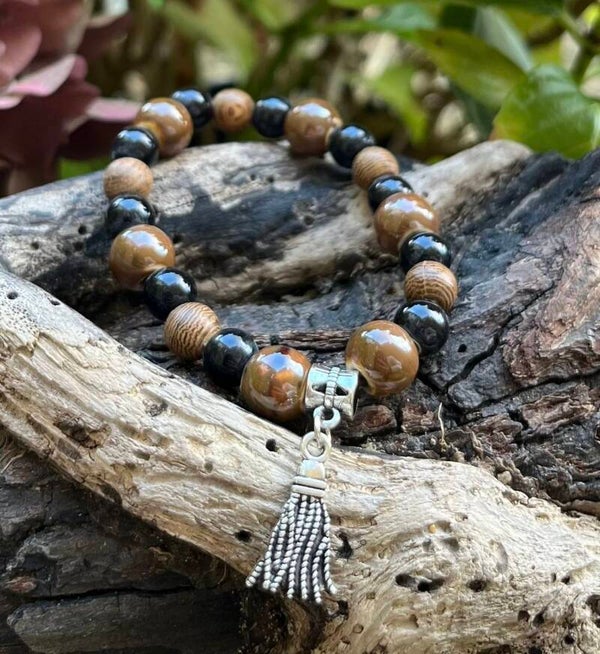 Ceramic Beads Elastic Bracelet With Tassel Charm