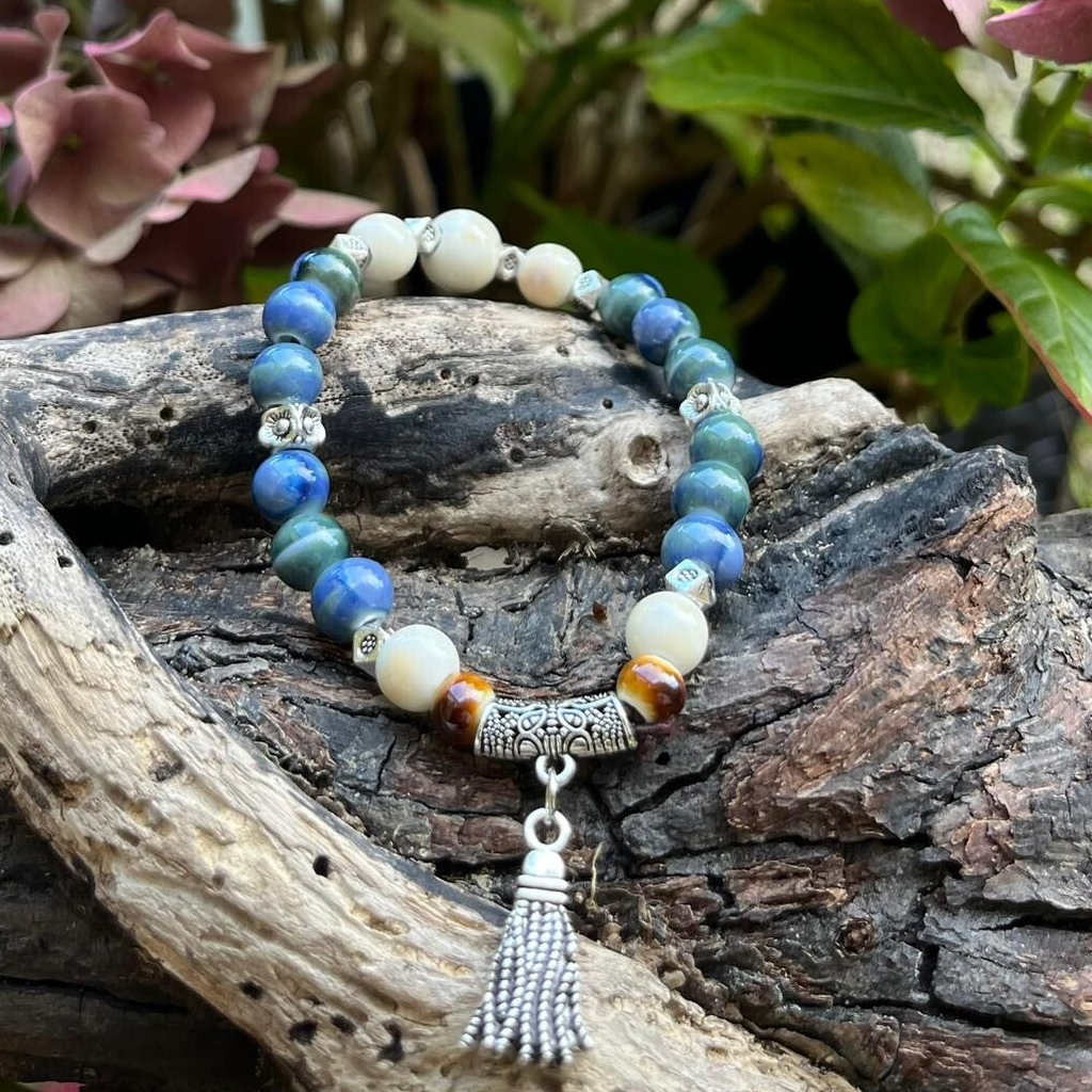 Ceramic Beads Elastic Bracelet With Tassel Charm