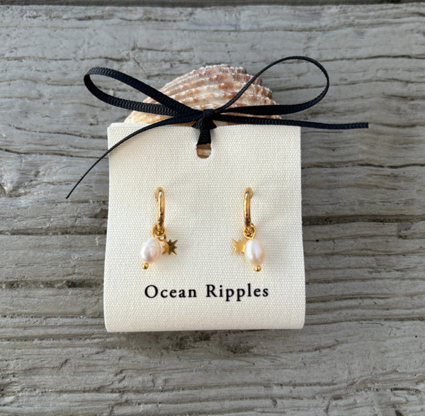 18ct Gold Plated Fresh Water Pearl Gold Star Huggie Earrings