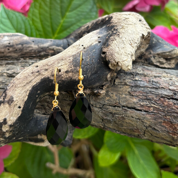 18ct Gold Plated Black Obsidian Drop Earrings