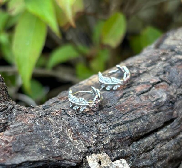 925 Sterling Silver Cubic Zirconia Leaf Huggie Earrings