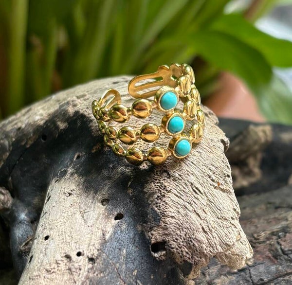 18ct Gold Plated Adjustable Turquoise Triple Band Ring