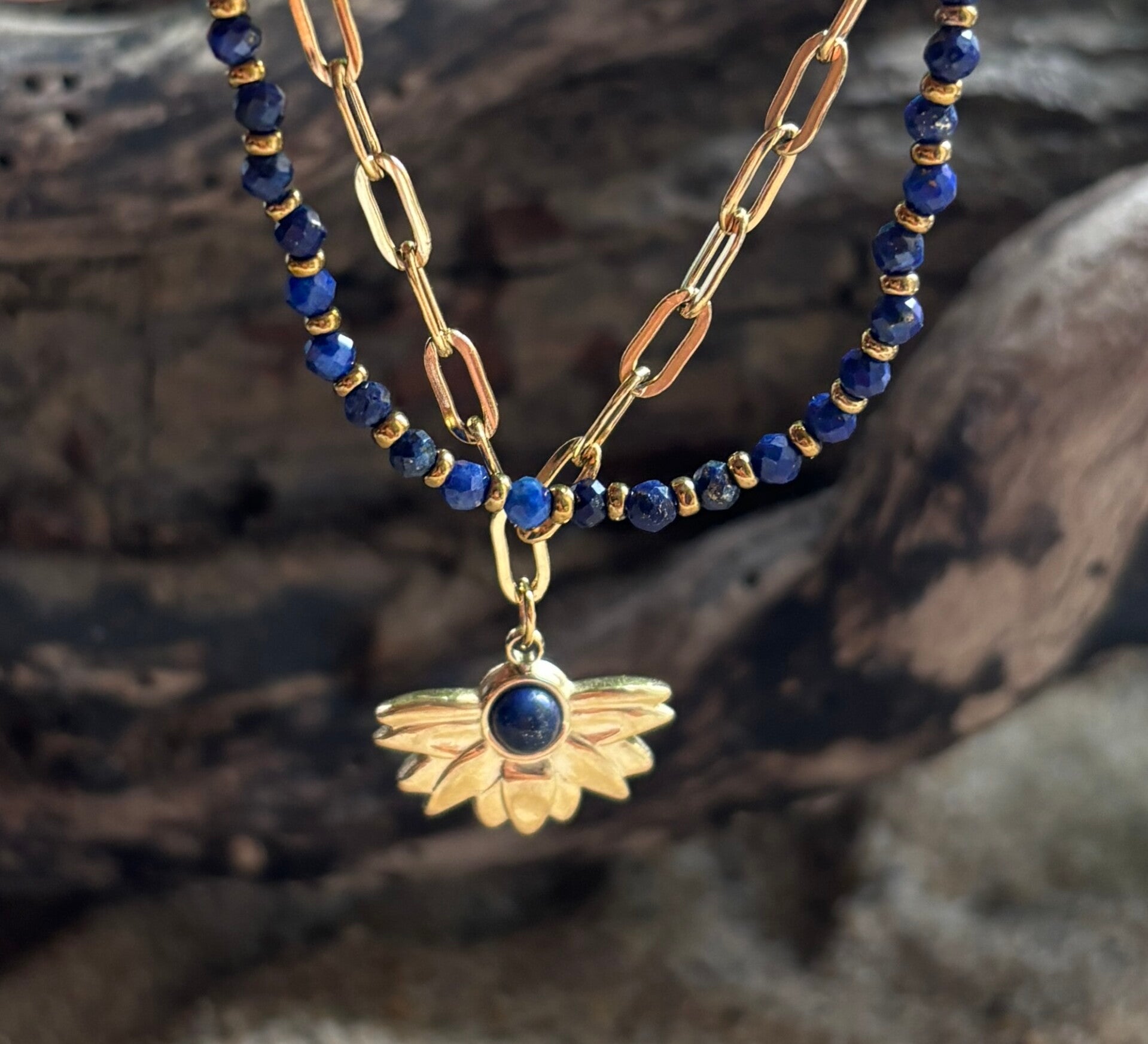 18ct Gold Plated Lapis Lazurite Double Chain Bracelet