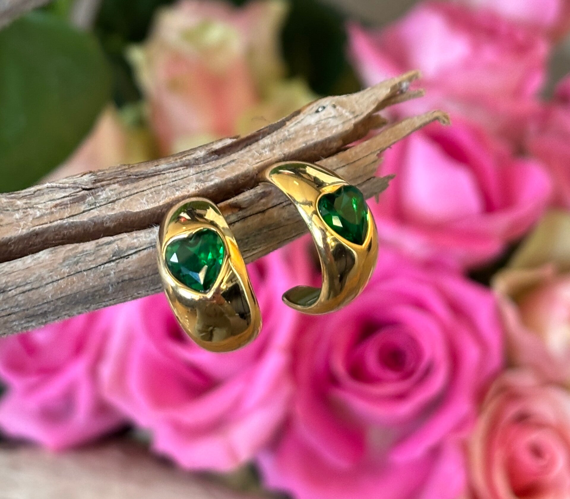 18ct Gold Plated Green Cubic Zirconia Heart Earrings