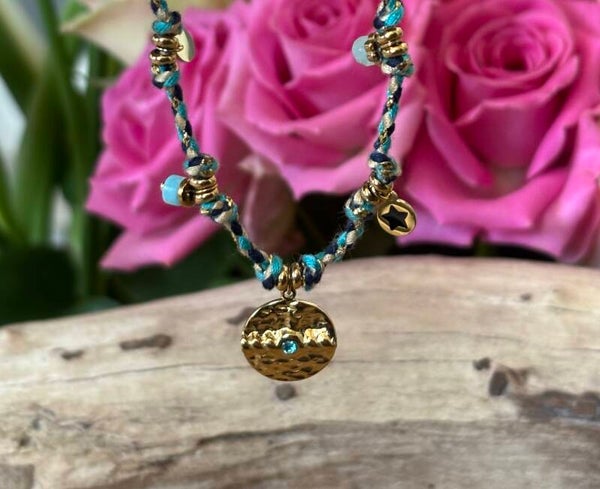 18ct Gold Plated Hammered Disc Rope Bracelet