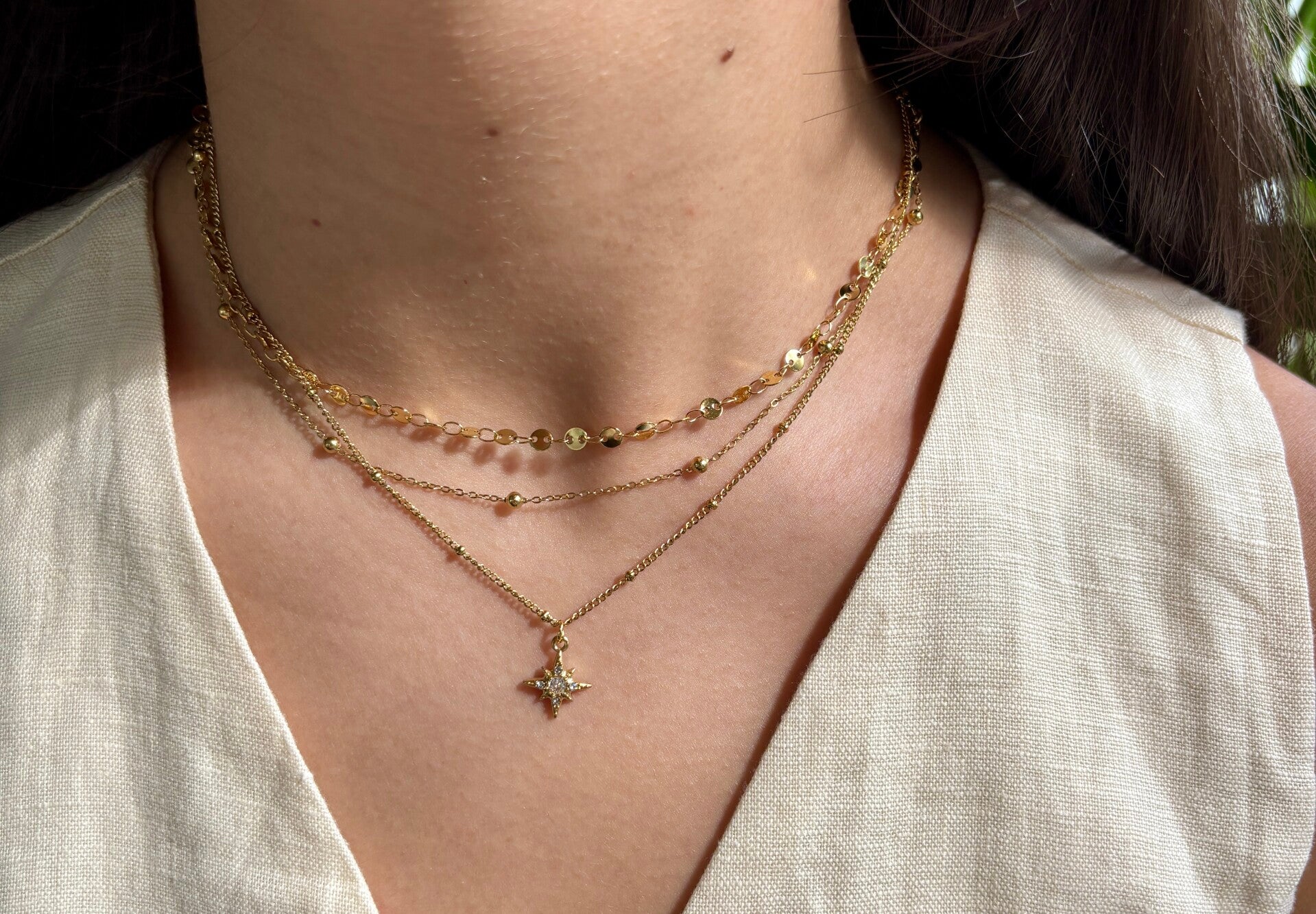 18ct Gold Plated Triple Chain Star Necklace