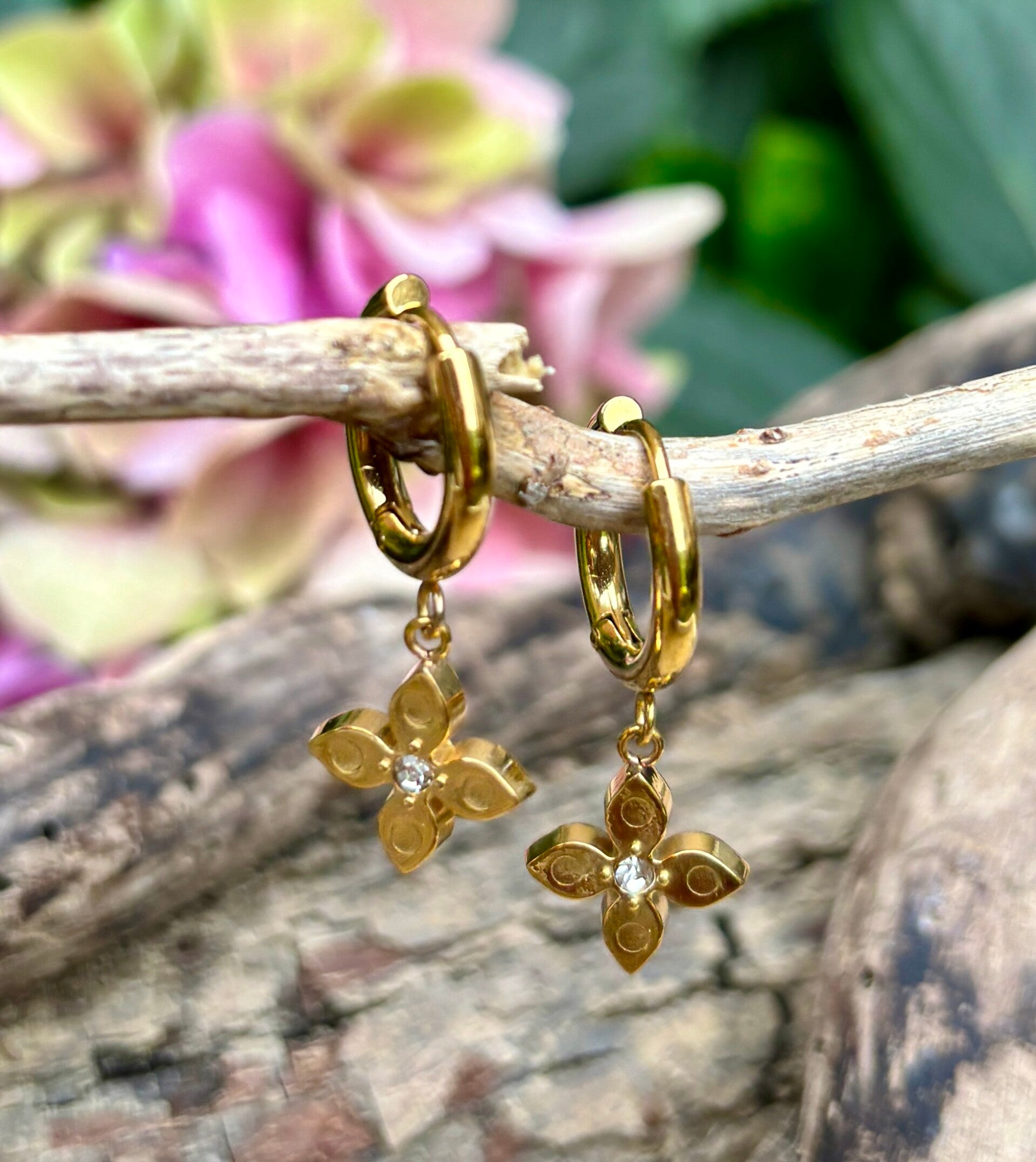 18ct Gold Plated Cubic Zirconia Four Leaf Clover Huggie Earrings