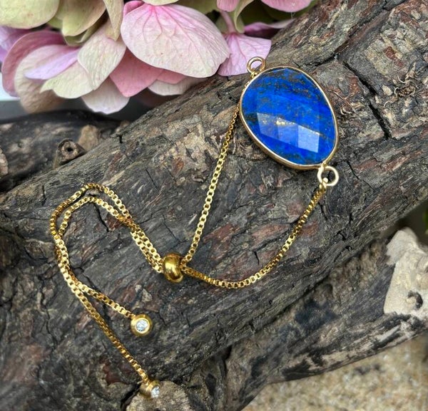 18ct Gold Plated Adjustable Faceted Lapis Lazuli Bracelet