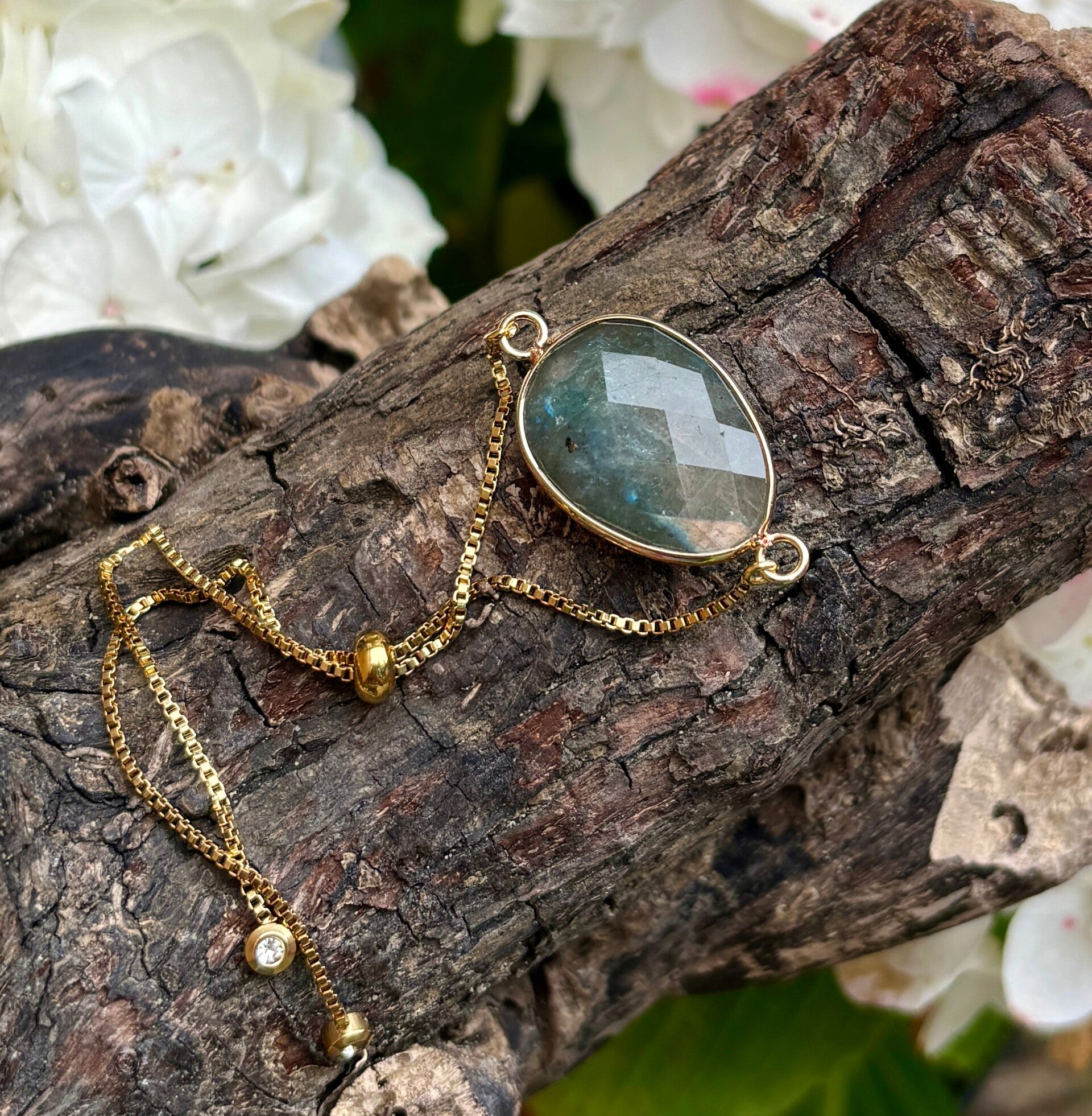 18ct Gold Plated Adjustable Faceted Labradorite Bracelet