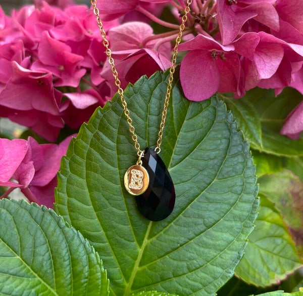 Personalised Initial & Faceted Black Obsidian Drop Necklace