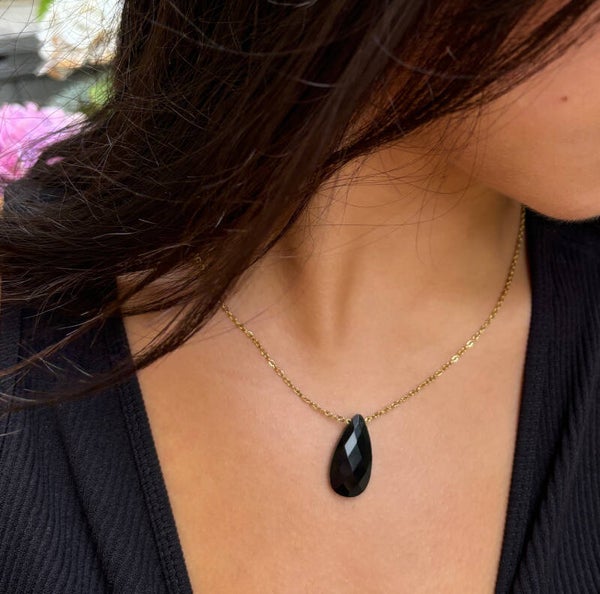18ct Gold Plated Faceted Black Obsidian Drop Necklace