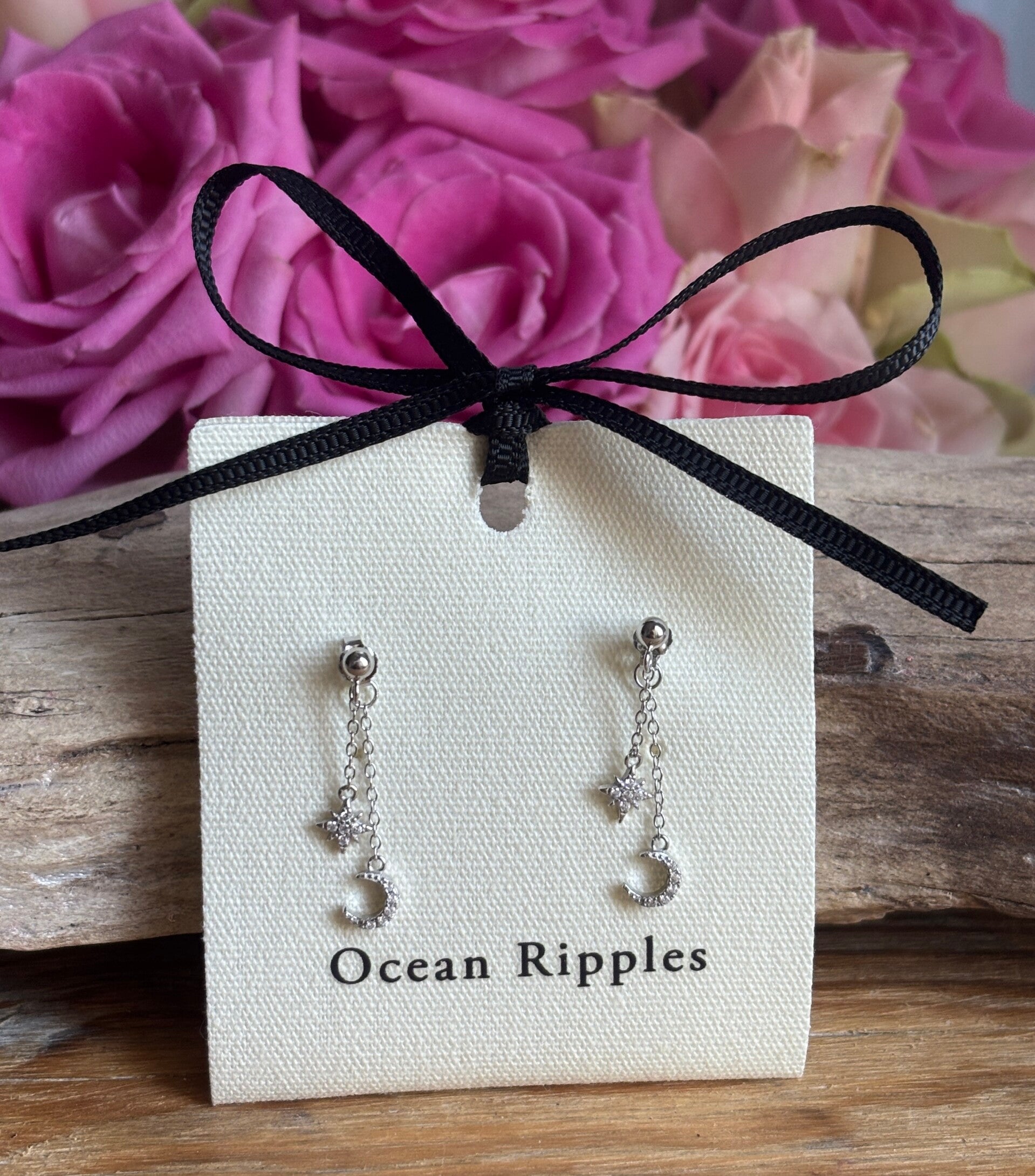 925 Sterling Silver Cubic Zirconia Star Moon Earrings
