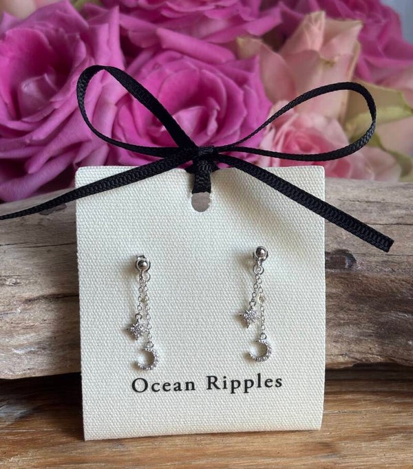 925 Sterling Silver Cubic Zirconia Star Moon Earrings