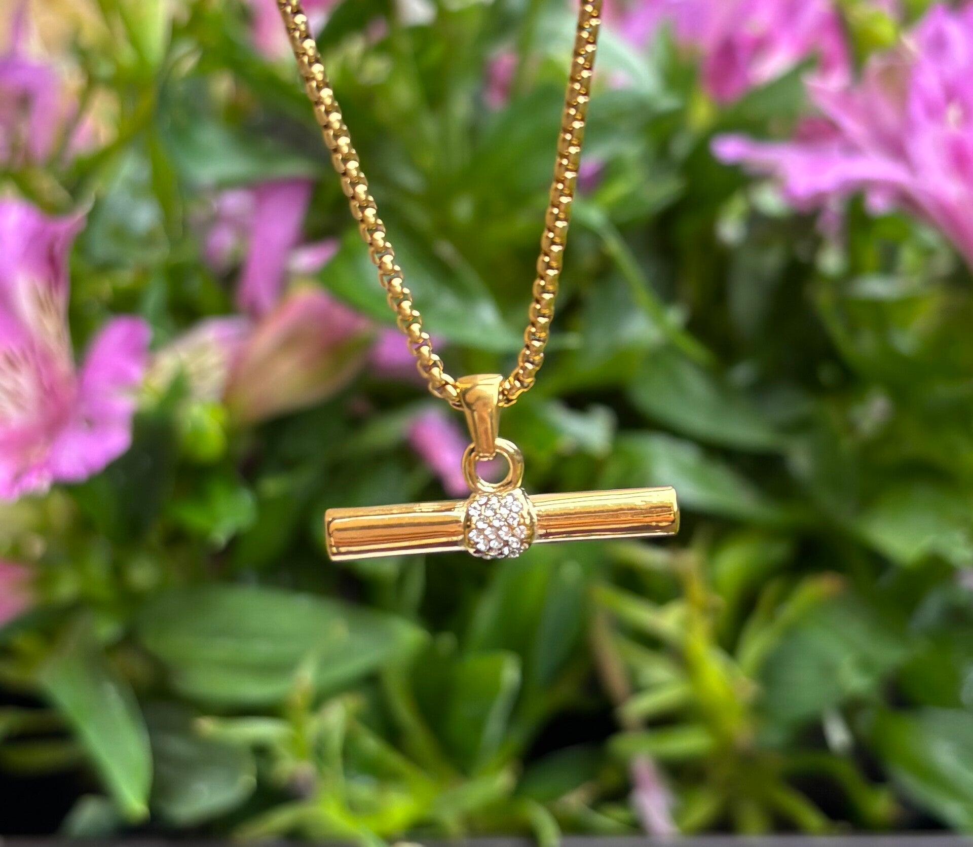 18ct Gold Plated Cubic Zirconia T Bar Necklace