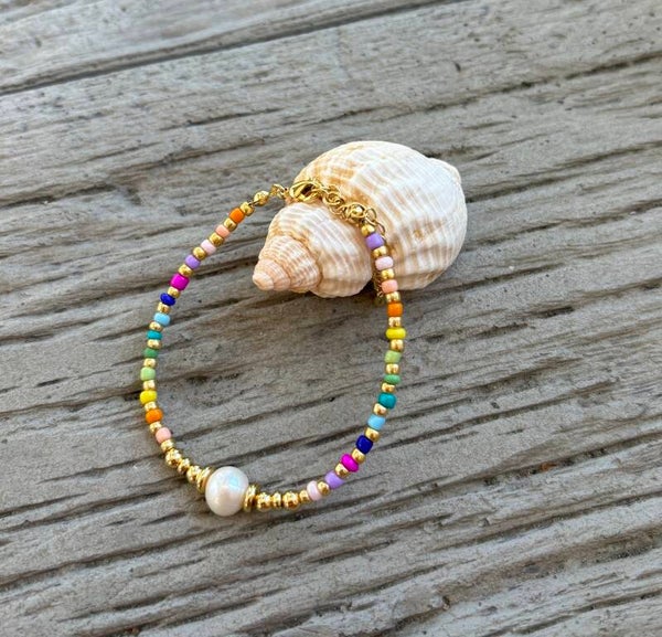 Fresh Water Pearl Miyuki Rainbow Beads Bracelet (gold plated)
