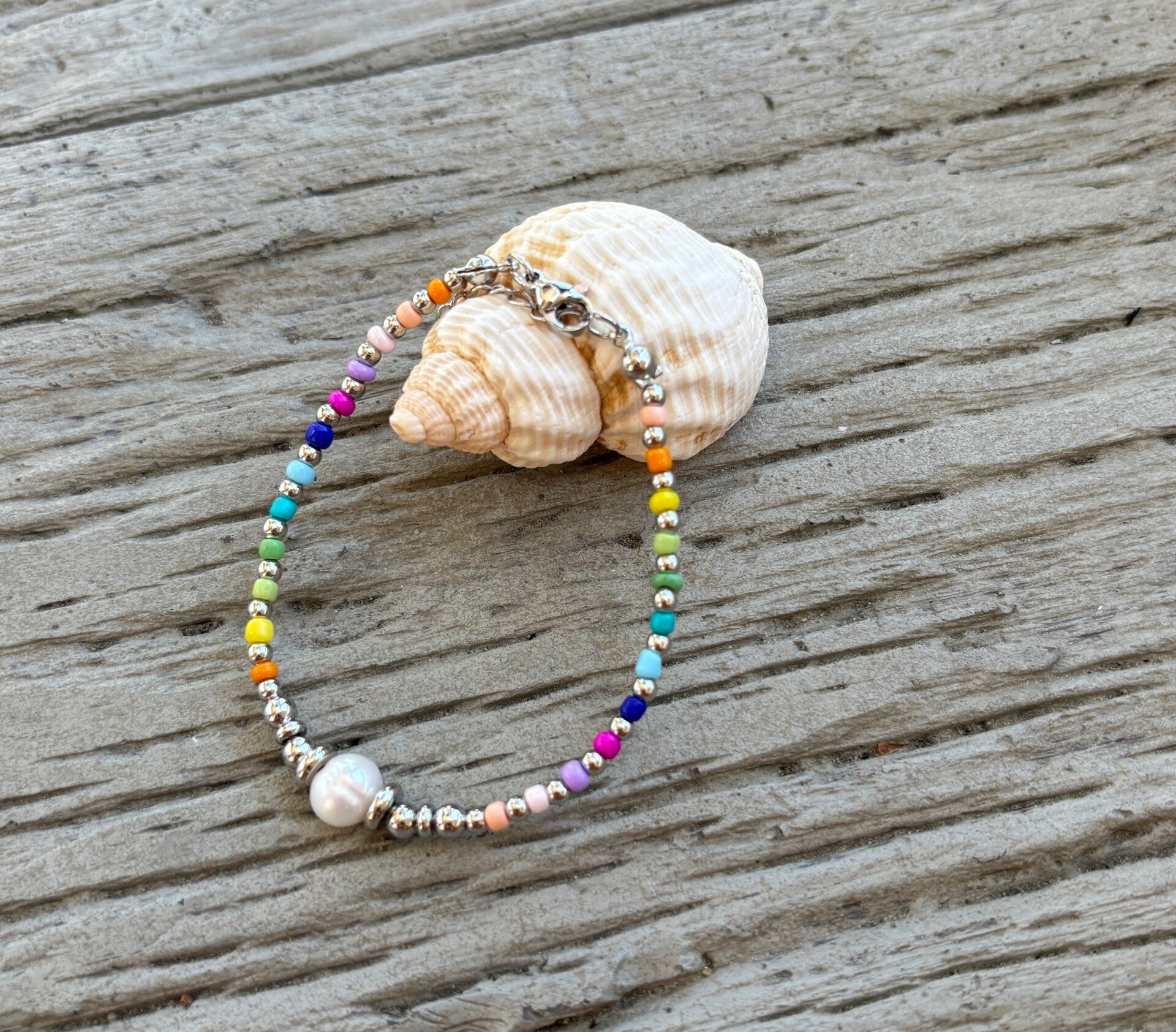 Fresh Water Pearl Miyuki Rainbow Beads Bracelet (silver plated)