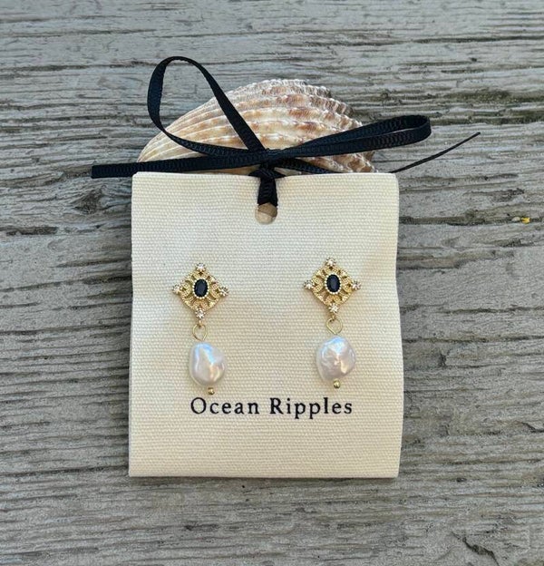 14ct Gold Plated Fresh Water Pearl Blue Filigree Earrings