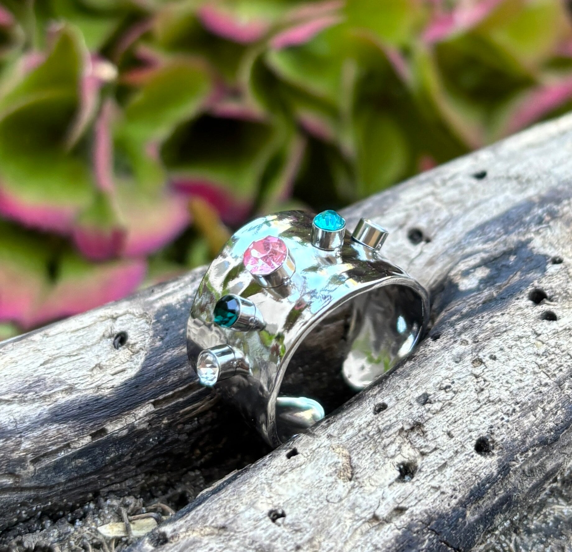 Stainless Steel Multi Colour Cubic Zirconia Hammered Adjustable Ring
