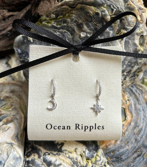 925 Sterling Silver Cubic Zirconia Star and Moon Huggie Earrings
