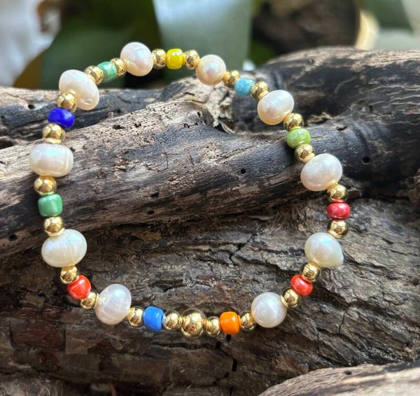 18ct Gold Plated Fresh Water Pearl Elastic Bracelet