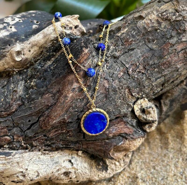 18ct Gold Plated Lapis Lazuli Beads and Pendant Layered Necklaces