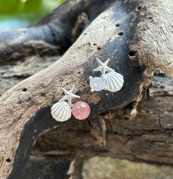 925 Sterling Silver Mismatch Strawberry Quartz Star Fish Earrings