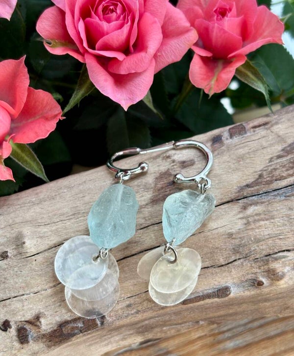 Silver Aquamarine Shell Disc Drop Earrings