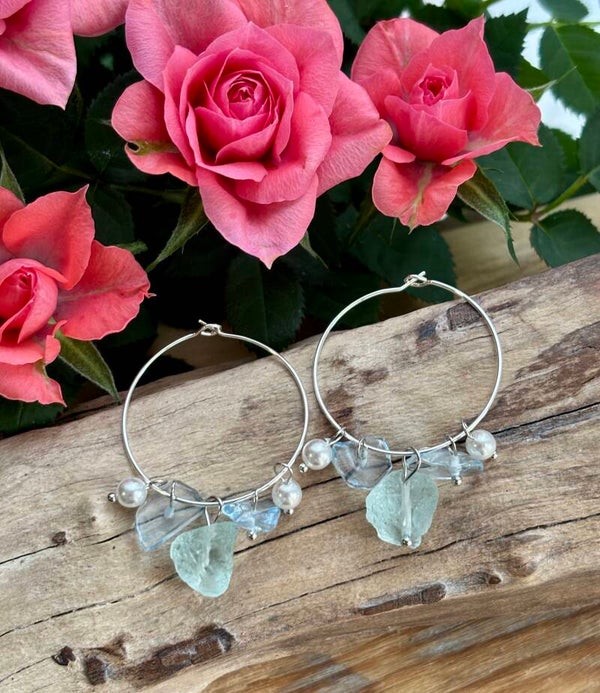 Silver Aquamarine Chip Hoop Earrings